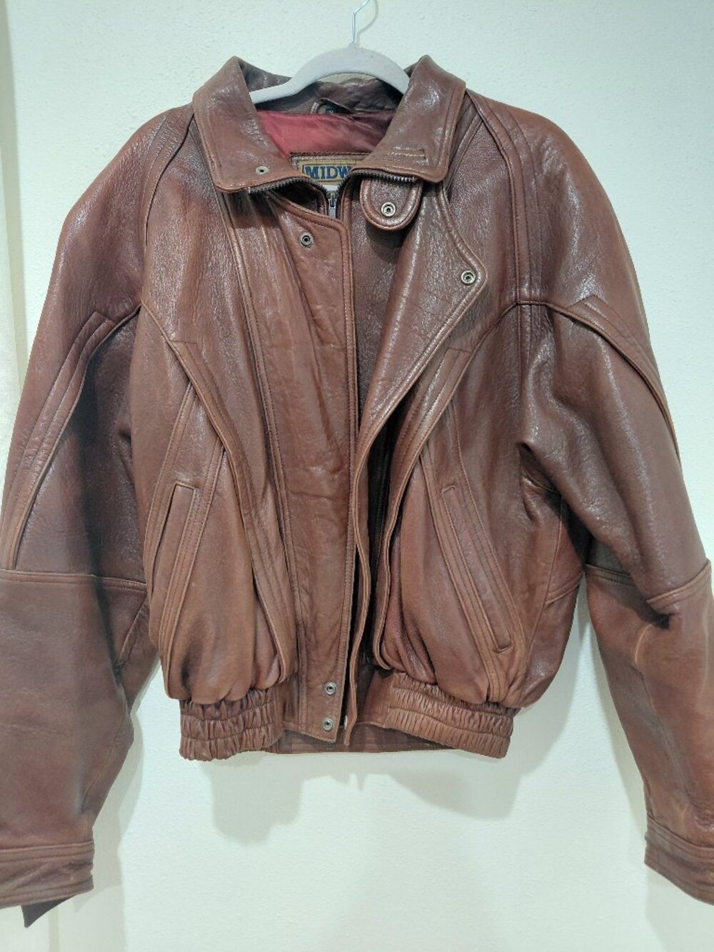 Vintage Mens Brown Leather Bomber Jacket Full Zip